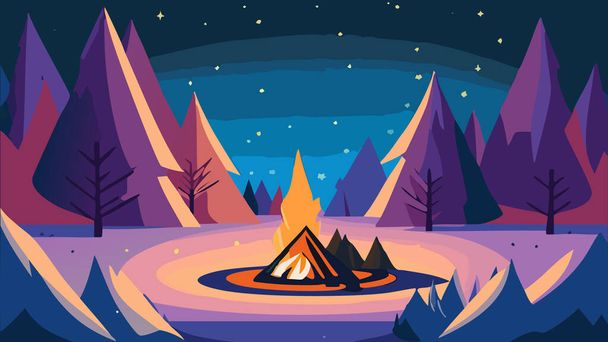 Night forest campfire under starry sky - Vector, Image