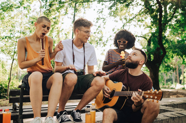 Eine multikulturelle Gruppe von Austauschstudenten sitzt in einem Park und amüsiert sich. Ein Mann spielt eine Gitarre, während ein Mädchen mit kurzen Haaren ein Lied singt. - Foto, Bild