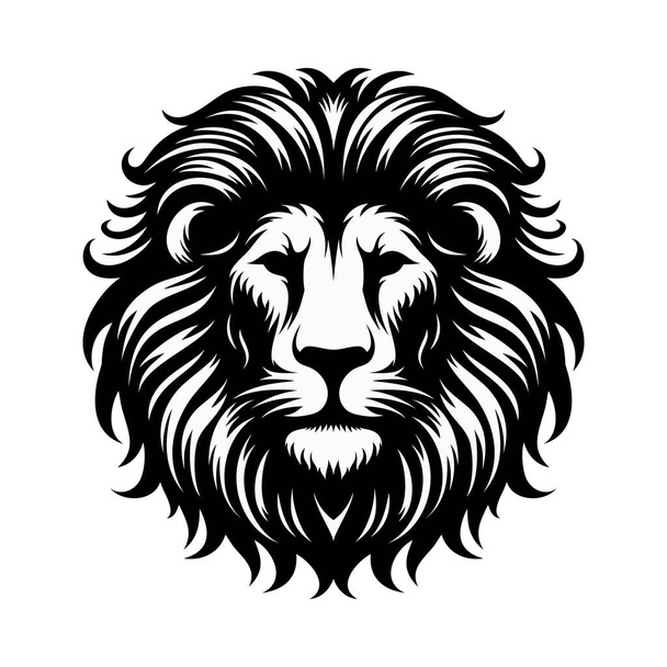 Silhueta preta de cabeça de leão com juba exuberante no fundo branco, vista frontal. Ilustração vetorial - Vetor, Imagem