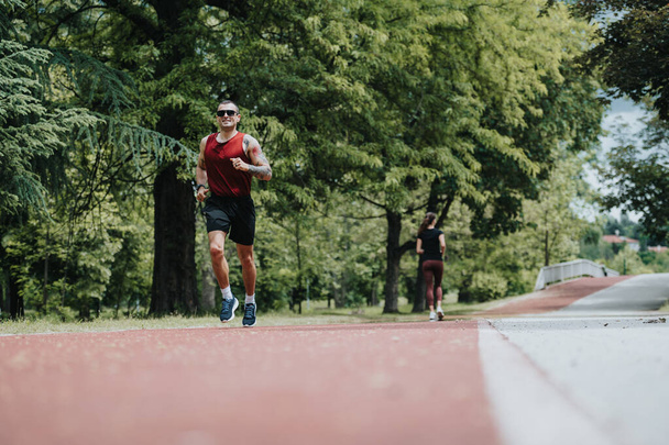 Een gefocuste mannelijke loper in rode toppen op het frame, met een vrouwelijke jogger op de achtergrond, beide temidden van groene bomen in een serene parksetting, wat symbool staat voor een actieve levensstijl en buitensporten. - Foto, afbeelding