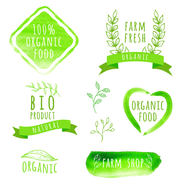 Conjunto de rótulos de alimentos orgânicos aquarela
 - Vetor, Imagem
