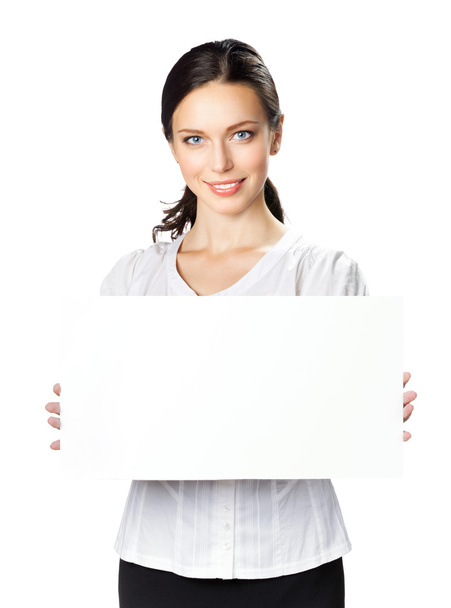 Businesswoman showing blank signboard, on white - Фото, зображення