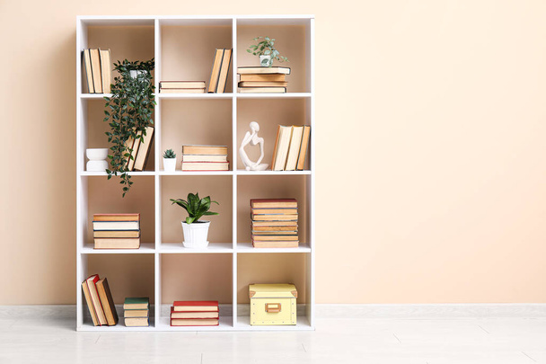Modern shelving unit with books and home decor near beige wall - Photo, Image