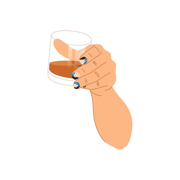 Homem segurar vidro com bebida com design de unhas geométricas isolado em um fundo branco. Conceito de manicura masculina. Manicure em cores preto e azul e com linha e padrões, unhas da moda. Vetor - Vetor, Imagem