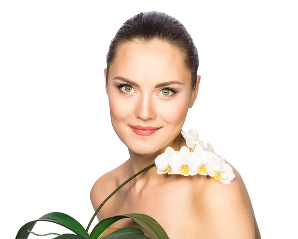 πορτρέτο του όμορφη γυναίκα με λουλούδι - Φωτογραφία, εικόνα