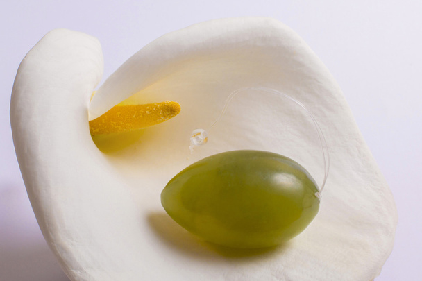 Huevo de jade yacen en una flor blanca
 - Foto, Imagen