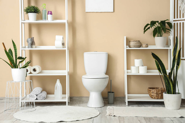Sisätilojen wc wc kulhoon lähellä beige seinä - Valokuva, kuva