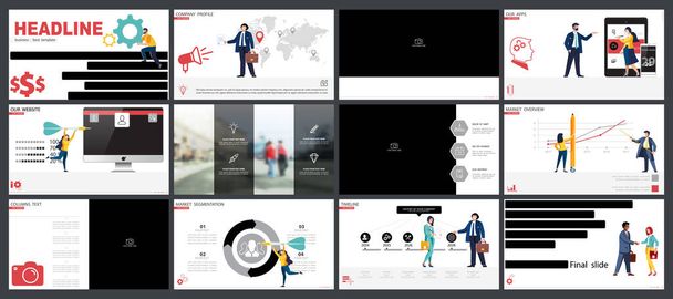 Infografiken. Business-Team plant Geschäftspräsentation, finanziellen Erfolg, Powerpoint, Start eines neuen Projekts. Gestaltungsvorlagen, Hintergrund, Set. Ein Team von Menschen erstellt ein Unternehmen, Teamwork-Flyer, Zeitschriften, Clip-Art, Infografik - Vektor, Bild