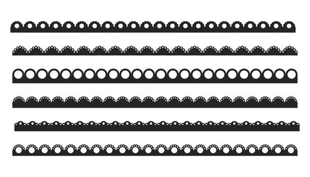 Scalloped edge border rüschen strich divider schwarze silhouette streifen, band collection isoliert auf weißem hintergrund. Traditionelle einfache Verzierung mit Kreisen, Stickband. Vektorillustration - Vektor, Bild