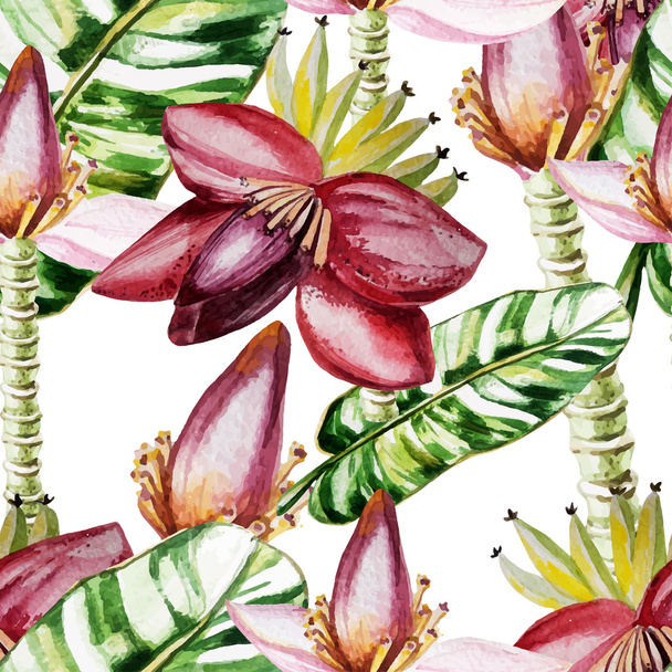 Aquarellmuster mit Blüten und Bananenblättern - Vektor, Bild