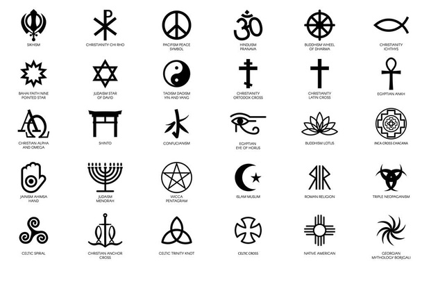 A világ különböző kultúráinak misztikus vallási szimbólumai, szent jelek. Az imádat és a tisztelet hagyományos szellemi kultúrái. Egyszerű fekete-fehér vektor elszigetelt fehér alapon - Vektor, kép