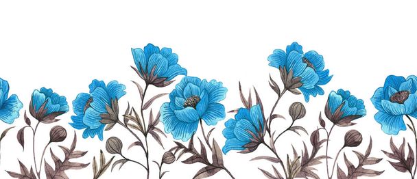frontière sans couture avec des coquelicots bleus. dessin aquarelle, cadre avec fleurs sauvages - Photo, image