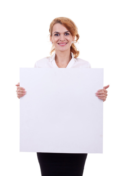 Frau hält weiße Tafel in der Hand - Foto, Bild
