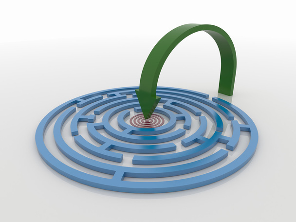 Labyrinth 3D-Renderer mit grünem Pfeil zum Ziel - Foto, Bild