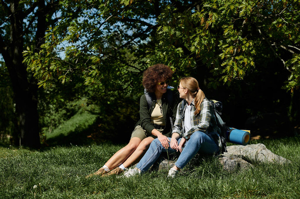 Una giovane coppia lesbica multiculturale si siede insieme su una roccia nel bosco, godendosi una pausa dalla loro escursione. - Foto, immagini