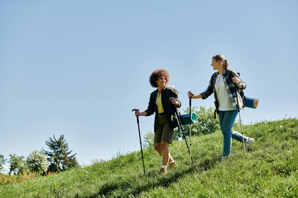Zwei junge Frauen, ein lesbisches Paar, wandern gemeinsam an einem sonnigen Tag in der Wildnis. Sie lächeln und genießen einander.. - Foto, Bild
