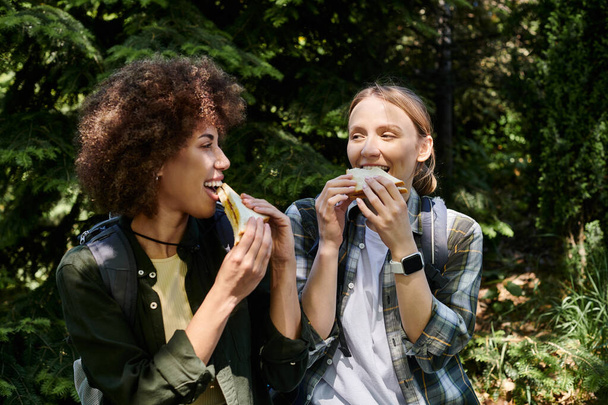 İki genç kadın, lezbiyen bir çift, vahşi doğada birlikte yürüyüş yaparlar ve sandviçlerle eğlenirler.. - Fotoğraf, Görsel