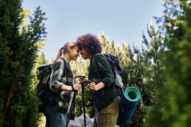 Дві молоді жінки, лесбійська пара, проходять через ліс, насолоджуючись на відкритому повітрі разом. - Фото, зображення