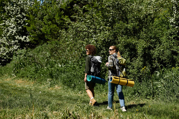 İki genç kadın yemyeşil bir ormanda yürüyüş yapıyor, dışarıda vakit geçiriyorlar.. - Fotoğraf, Görsel