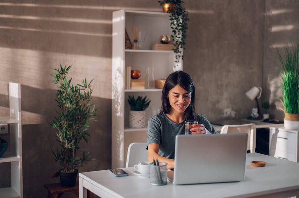 Breed beeld van een donkerharige zakenvrouw die thuis op haar laptop zit en een glas water in haar hand houdt. Je ziet er vrolijk uit. Remote work concept. Kopieerruimte. - Foto, afbeelding