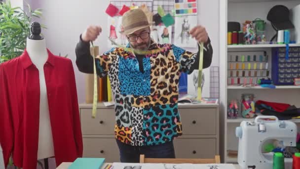 Bearded man in patterned shirt measuring fabric in a colorful tailoring studio - Materiał filmowy, wideo