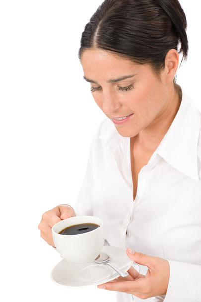 Smiling businesswoman attractive hold coffee cup - Photo, Image