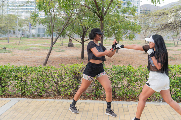 Δύο γυναίκες που ασχολούνται με την εκπαίδευση στις πολεμικές τέχνες σε ένα δημόσιο πάρκο, με επίκεντρο τις τεχνικές γροθιά και μπλοκ κατά τη διάρκεια υπαίθρια προπόνηση τους. - Φωτογραφία, εικόνα