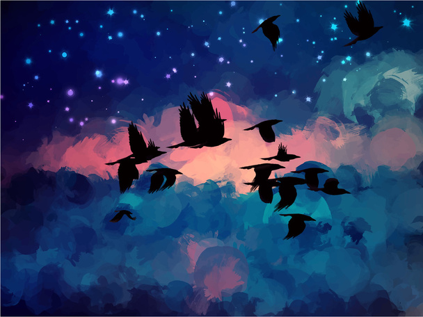 Pássaros em pinceladas céu
 - Vetor, Imagem