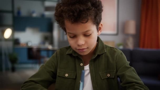 Koncentrált kis multiracionális többnemzetiségű amerikai afrikai fiú fia gyerek iskolás fiú tanuló otthon tanulás távoli asztali tanulás tanulmány írás iskolai házi feladat írni tudás - Felvétel, videó