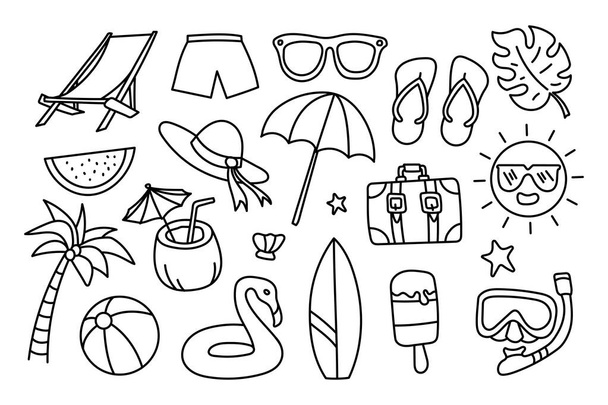 Колекція пляжного та літнього тематичного малюнку, включаючи пляжний м'яч, сонцезахисні окуляри та валізу. - Вектор, зображення