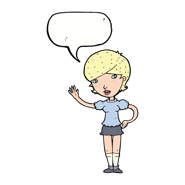 cartoon girl waving with speech bubble - Vector, afbeelding