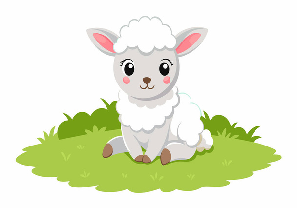 A cartoon sheep is sitting on a green field. The sheep is smiling and looking at the camera - Διάνυσμα, εικόνα