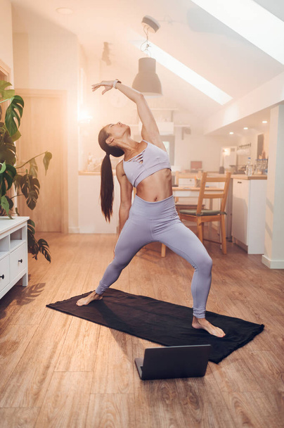 Cheerful fit jovem vietnamita formação em um tapete de fitness e exercício em casa. Menina asiática saudável se exercitando em uma sala de estar enquanto assiste tutorial em um laptop. - Foto, Imagem