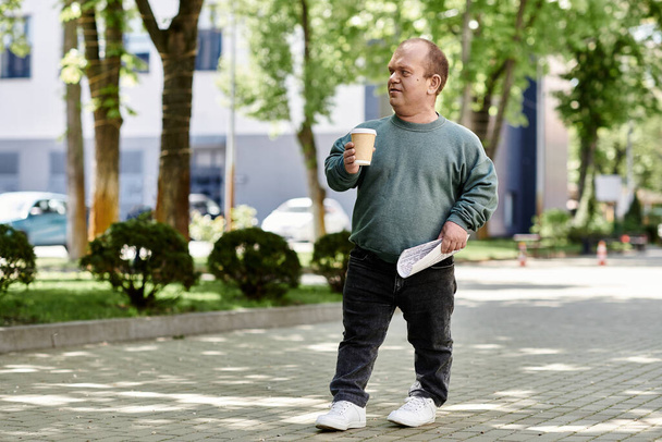 Человек с инклюзивностью гуляет по городскому тротуару, наслаждаясь кофе и газетой в солнечный день. - Фото, изображение