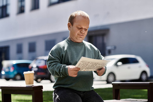 Kapsayıcı bir adam dışarıda bir bankta oturur, gazete okur, güneşli bir öğleden sonranın tadını çıkarır.. - Fotoğraf, Görsel
