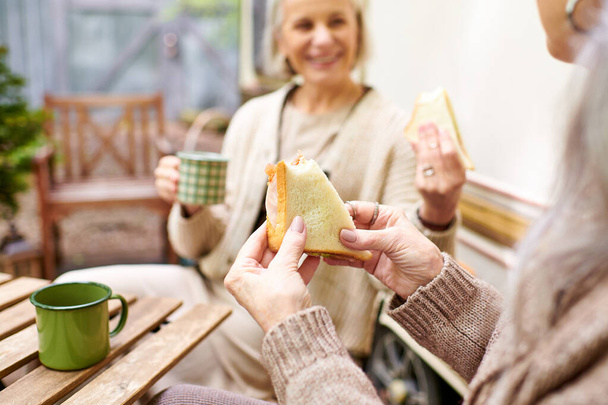 Dwie kobiety w średnim wieku korzystają z przerwy na kanapki podczas kempingu w zielonym lesie. - Zdjęcie, obraz