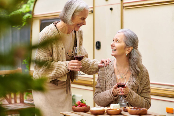 Dvě ženy středního věku si vychutnávají víno a konverzaci při kempování v zeleném lese. - Fotografie, Obrázek