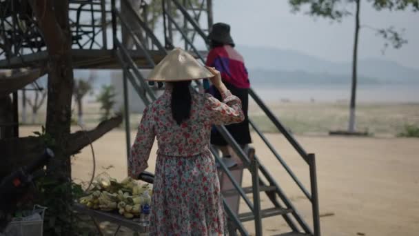 zpomalený film zralé vietnamky asijské žena v květinových šatech svlékání její klobouk česat vlasy na letní den na venkově vedle stolu s ovocem - 4K horizontální video - Záběry, video