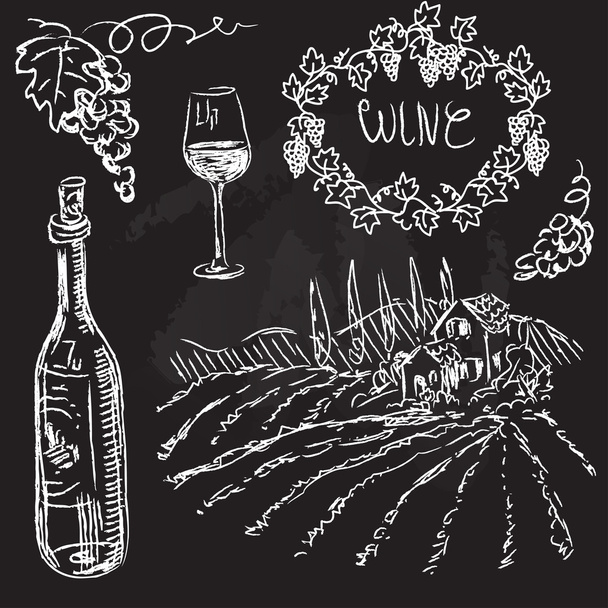 Wijn en wijnbouw op schoolbord - Vector, afbeelding