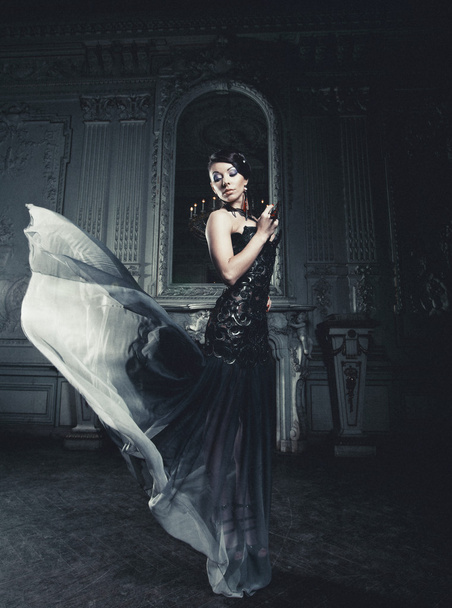 elegance woman with flying dress in palace room - Fotoğraf, Görsel