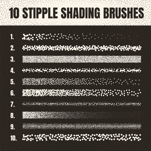 Stipple scatter brush, ink drawing and texturing. Fading gradient. Stippling, dotwork drawing, shading using dots. Halftone disintegration effect. White noise grainy texture. Vector illustration. - Vector, Image