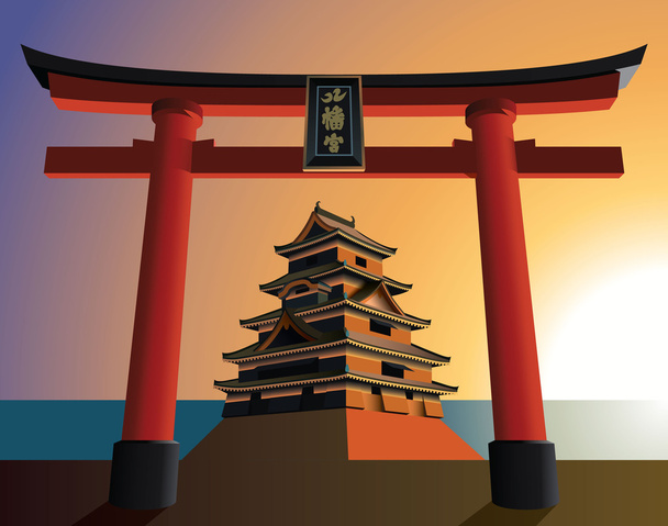 Japanilainen linna auringonlaskussa
 - Vektori, kuva