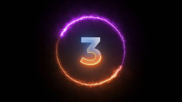 デジタルカウントダウンタイマーで,輝く円の中心に3番目の数字が表示されます. 円は紫色とオレンジ色の光でできていて,3番目の円は青とオレンジの勾配です. 背景は黒い. - 写真・画像