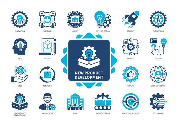Yeni Ürün Geliştirme simgesi seti. Katılım, Tasarım, Kullanıcı Deneyimi, Üretim, Mühendislik, Fikir, Dağıtım, Yenilik. Duotone renk katı simgeleri - Vektör, Görsel