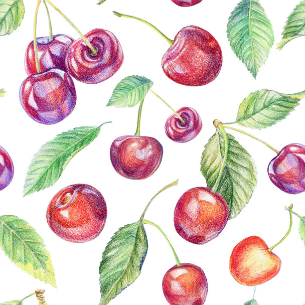 Seamless pattern with cherries. Drawing with colored pencils. - Fotografie, Obrázek