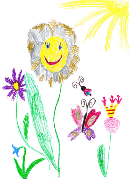 mariposa y flor. dibujo infantil
. - Foto, Imagen