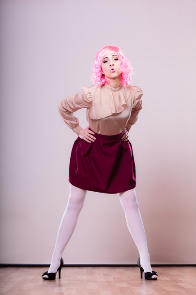 woman with pink wig creative visage - Фото, изображение