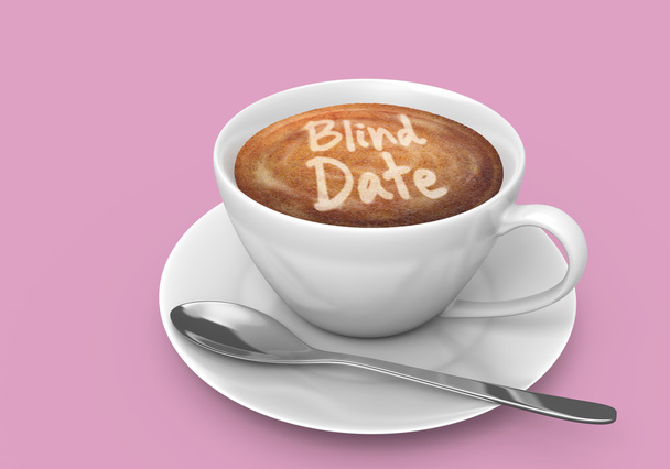 Latte art bericht in een koffiekopje dat blind date zegt - Foto, afbeelding