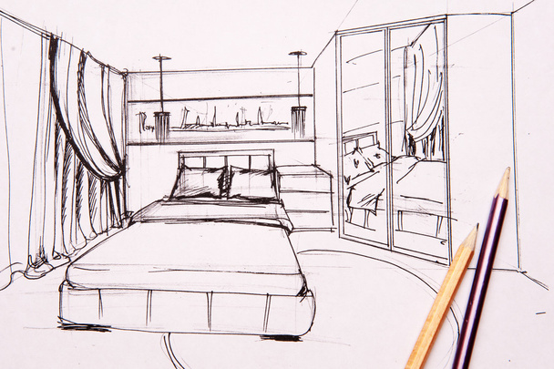 Bocetos interiores, dormitorio, salón, cocina
. - Foto, Imagen