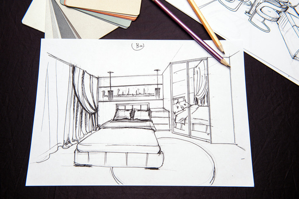 Bocetos interiores, dormitorio, salón, cocina
. - Foto, imagen